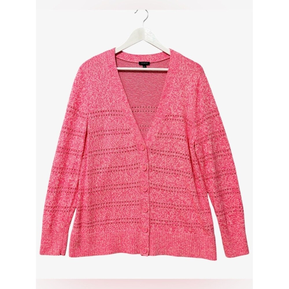 Talbots Eyelet Button Up Cardigan Sweater Size Large Pink White Marl 100% Cotton